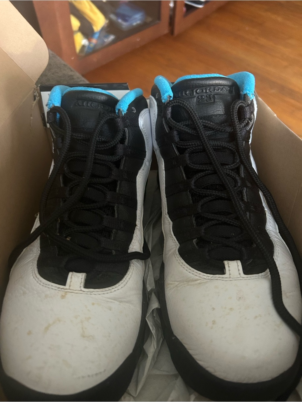 Jordan Kids White Black Sneakers with Bright Blue Lining